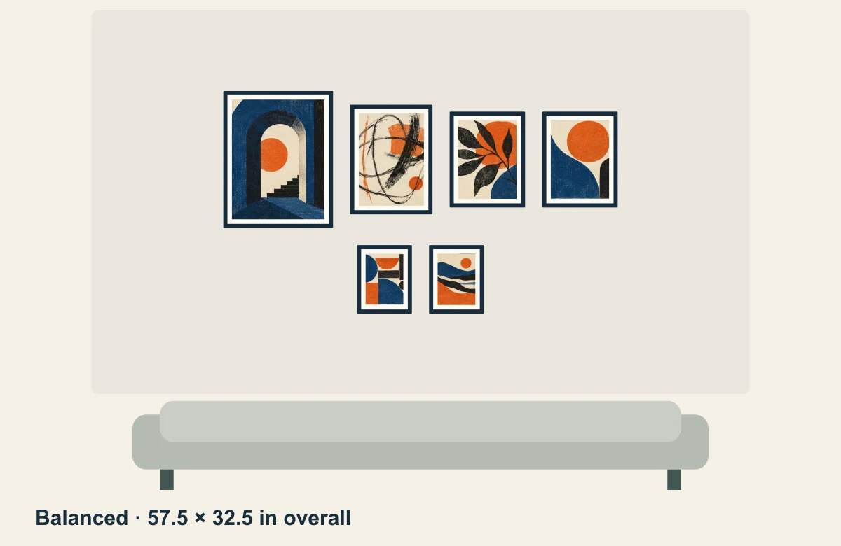Balanced arrangement: four larger frames centered above two smaller frames, with a sofa width reference.