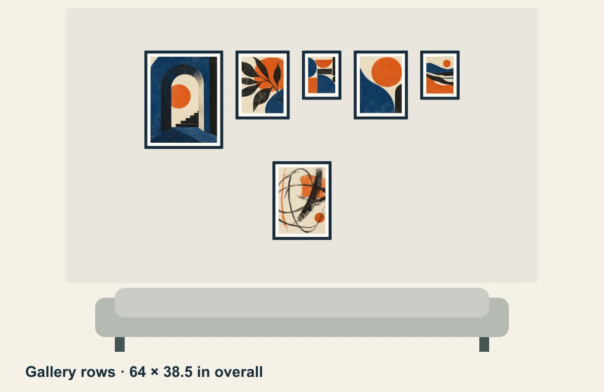 Gallery rows arrangement: five frames with aligned top edges above one centered frame.