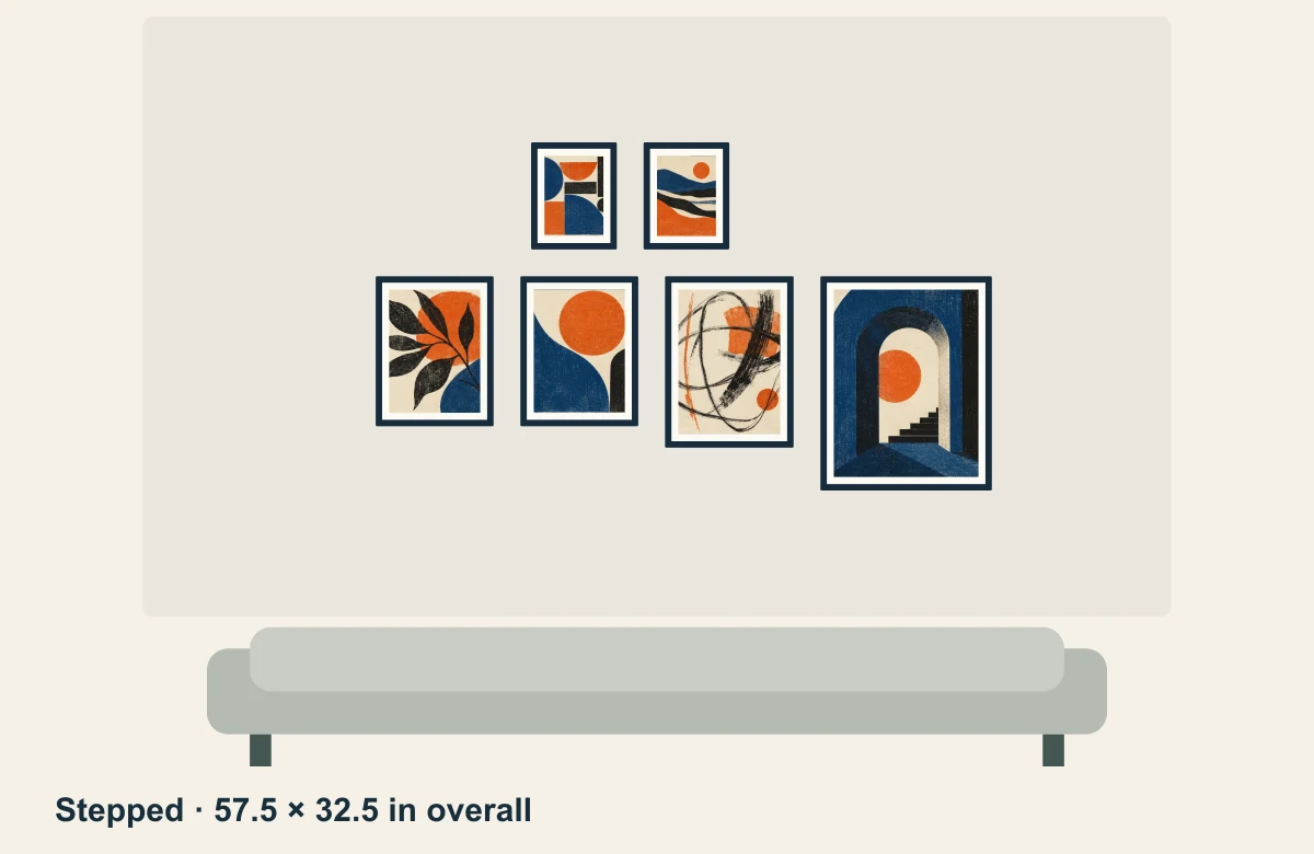 Stepped arrangement: two smaller frames above four larger frames, with offset rows.